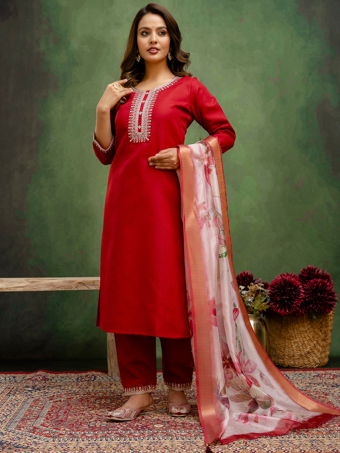 Regal Maroon Cotton Blend Suit | Designer Embroidery with Organza Dupatta