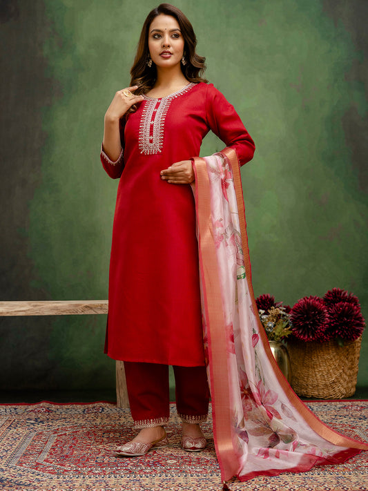 Regal Maroon Cotton Blend Suit | Designer Embroidery with Organza Dupatta| Unstitched Fabric