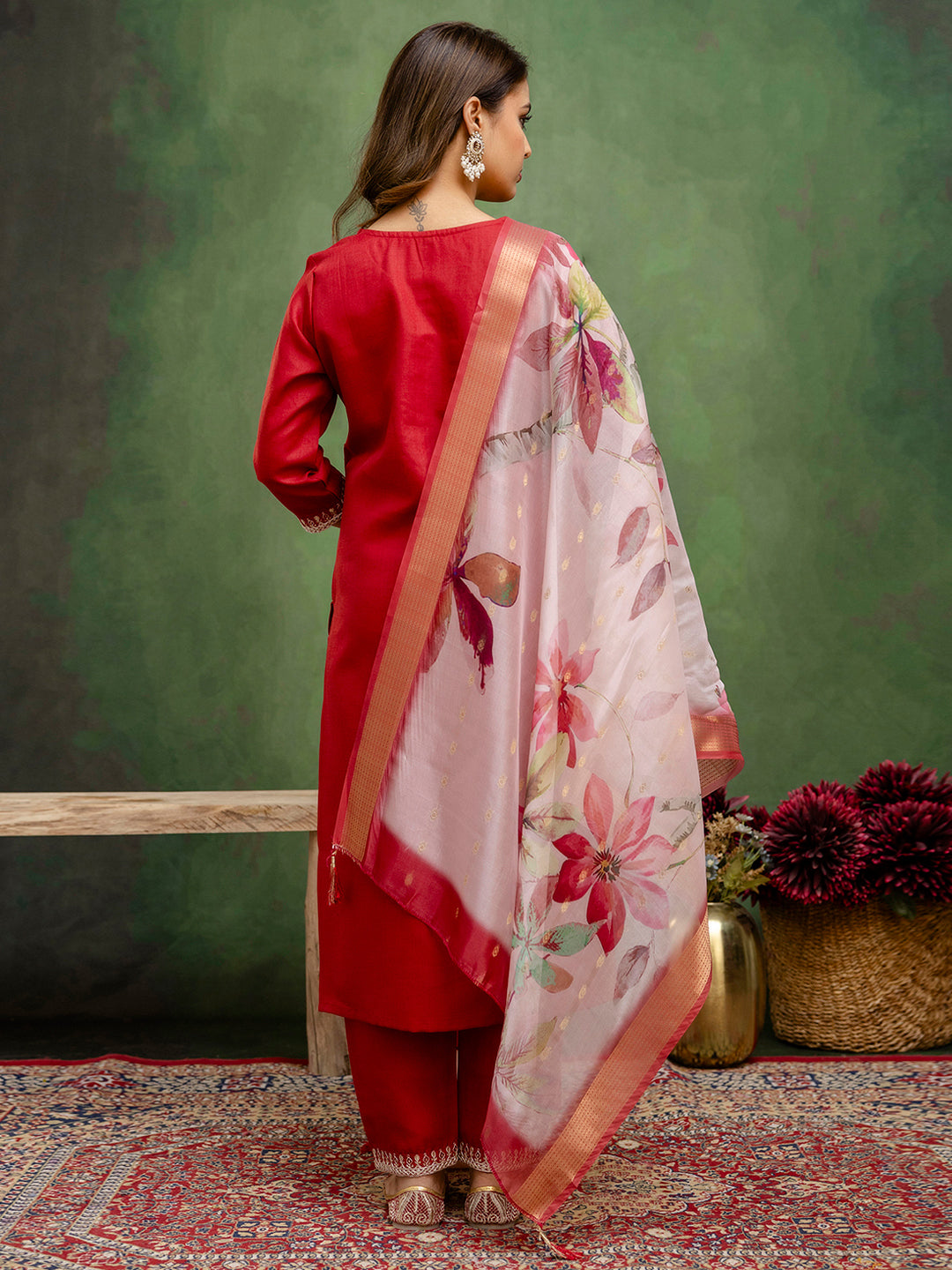Regal Maroon Cotton Blend Suit | Designer Embroidery with Organza Dupatta| Unstitched Fabric