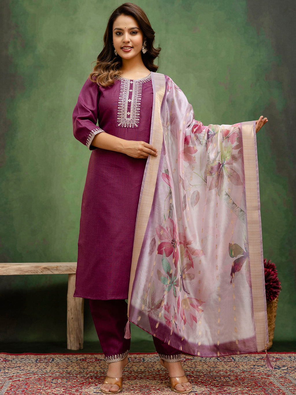 Royal Purple Cotton Blend Suit | Designer Embroidery with Organza Dupatta