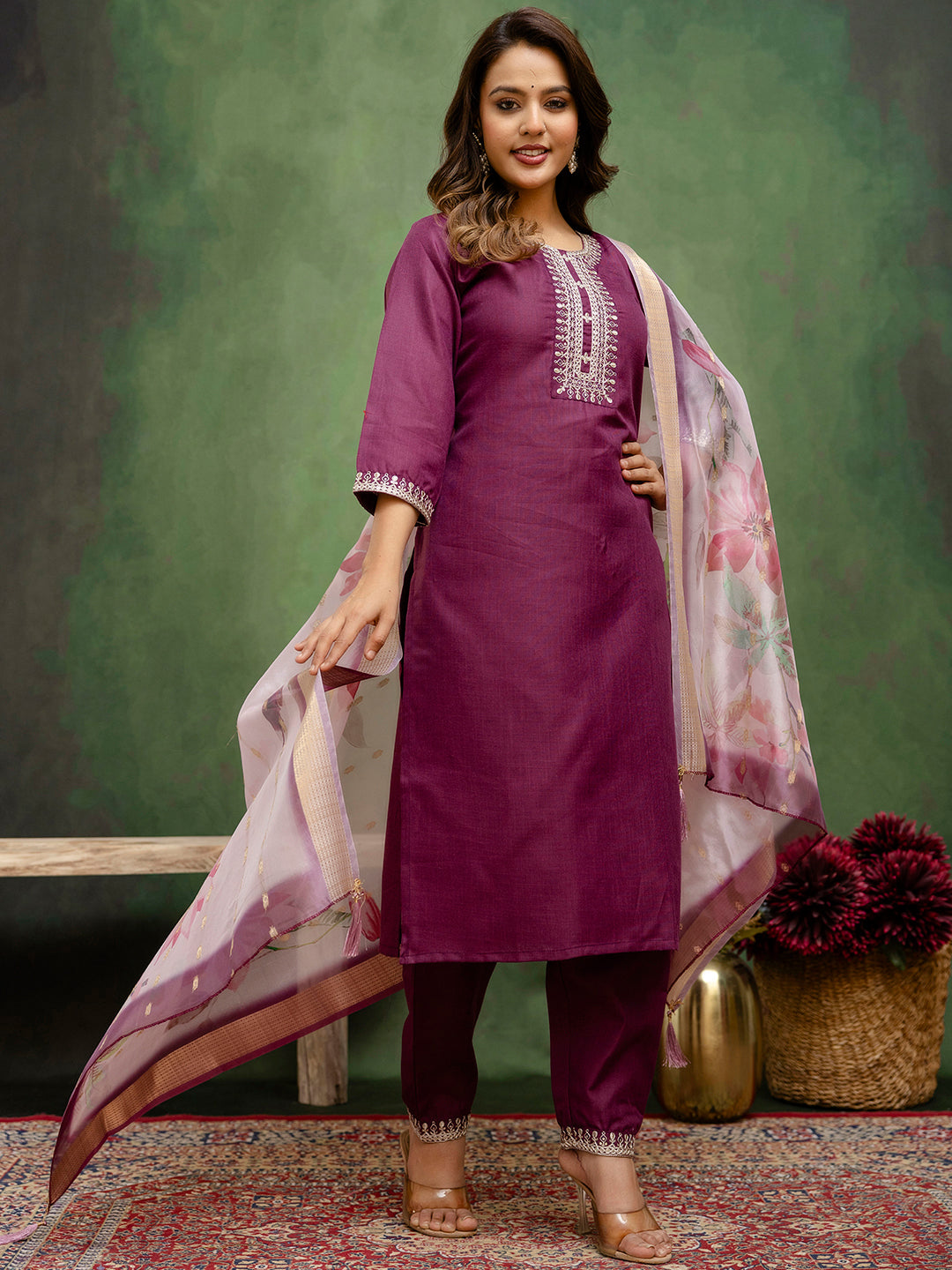 Royal Purple Cotton Blend Suit | Designer Embroidery with Organza Dupatta| Unstitched Fabric