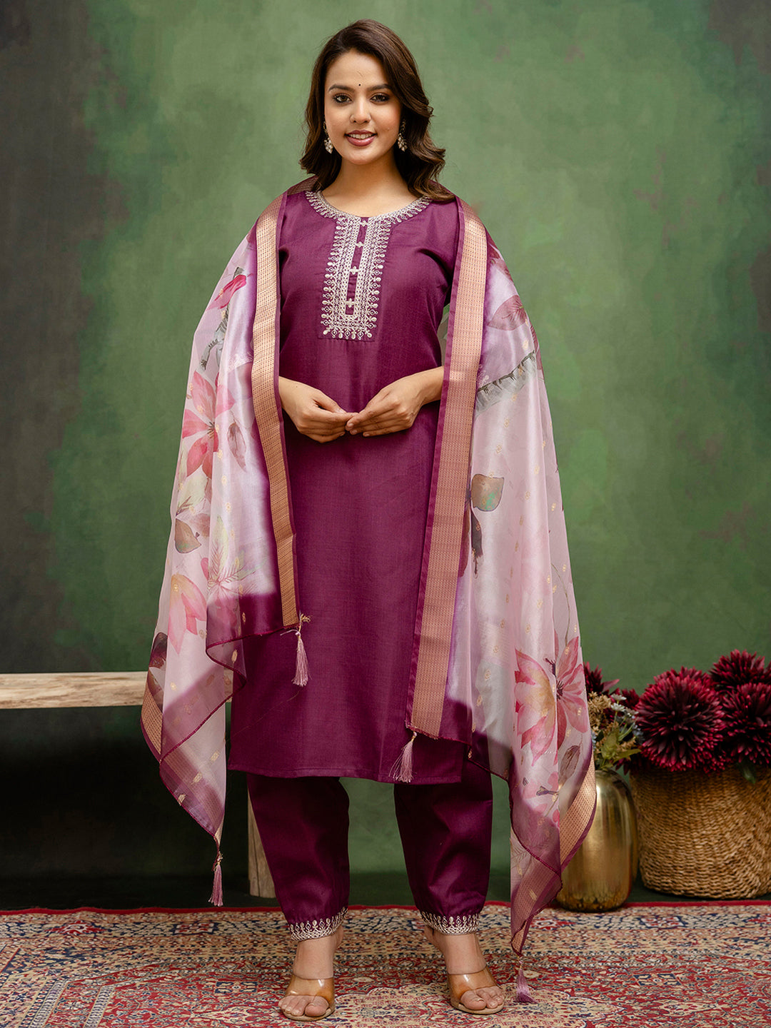 Royal Purple Cotton Blend Suit | Designer Embroidery with Organza Dupatta