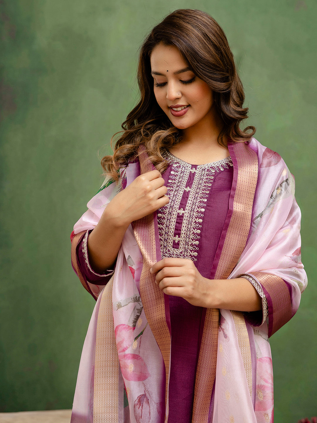 Royal Purple Cotton Blend Suit | Designer Embroidery with Organza Dupatta