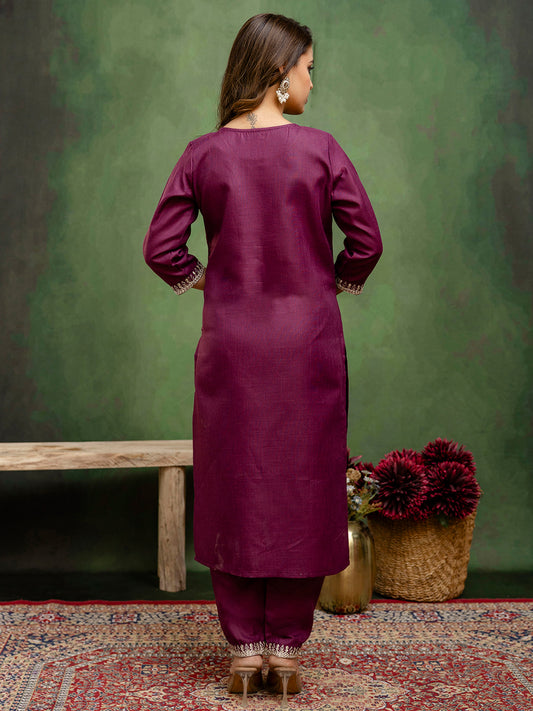 Royal Purple Cotton Blend Suit | Designer Embroidery with Organza Dupatta| Unstitched Fabric