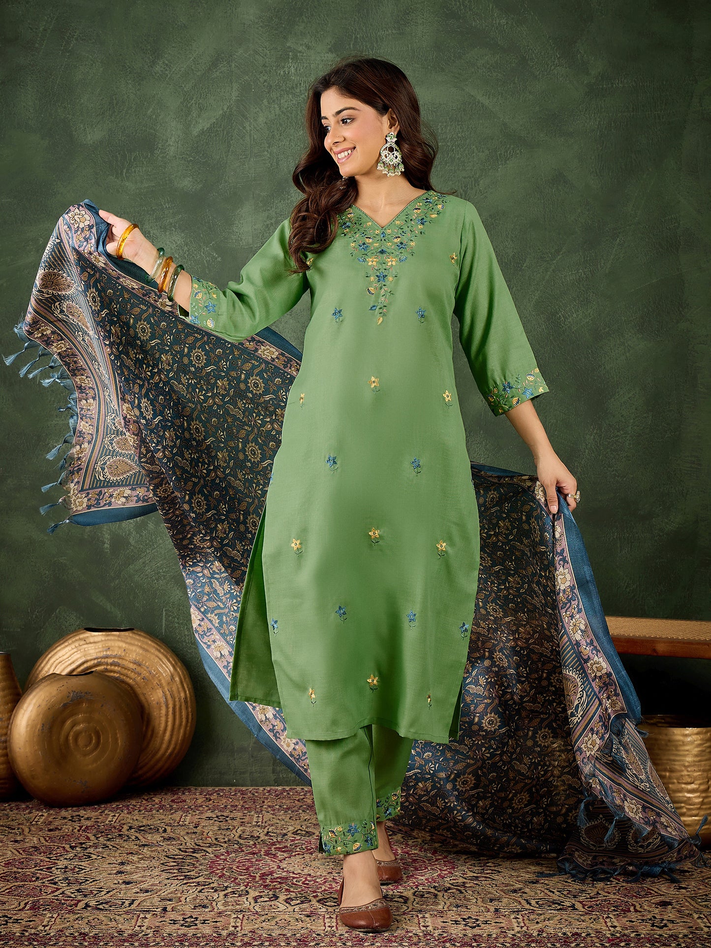 Refreshing Pista Cotton Blend Suit | Designer Embroidery with Art Silk Dupatta| Unstitched Fabric