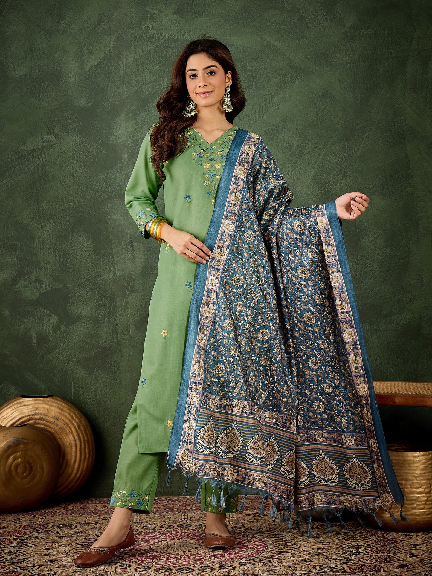 Refreshing Pista Cotton Blend Suit | Designer Embroidery with Art Silk Dupatta| Unstitched Fabric