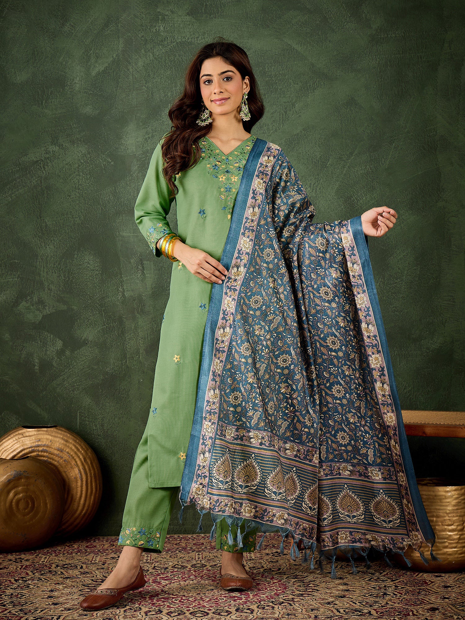 Refreshing Pista Cotton Blend Suit | Designer Embroidery with Art Silk Dupatta