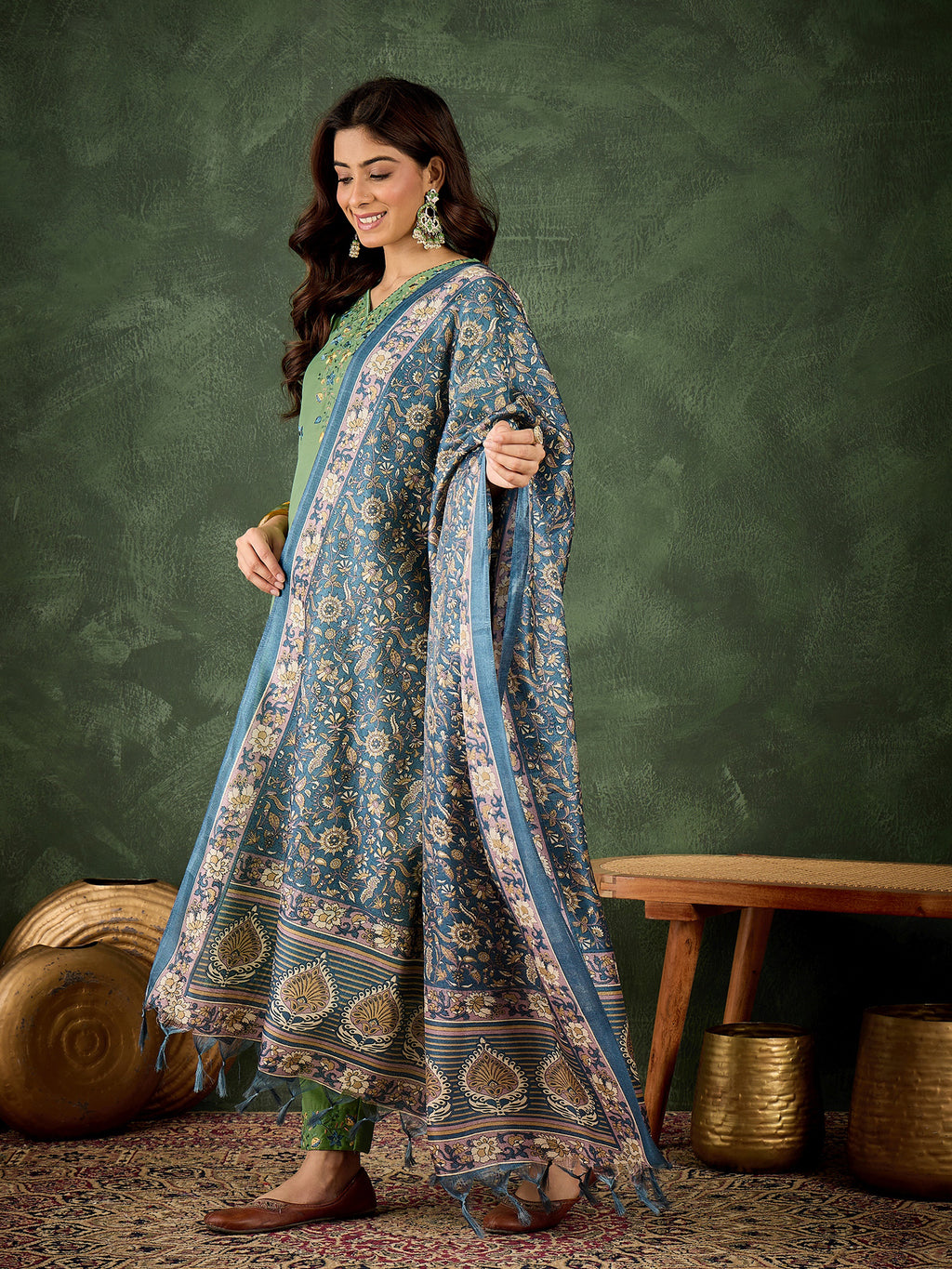 Refreshing Pista Cotton Blend Suit | Designer Embroidery with Art Silk Dupatta