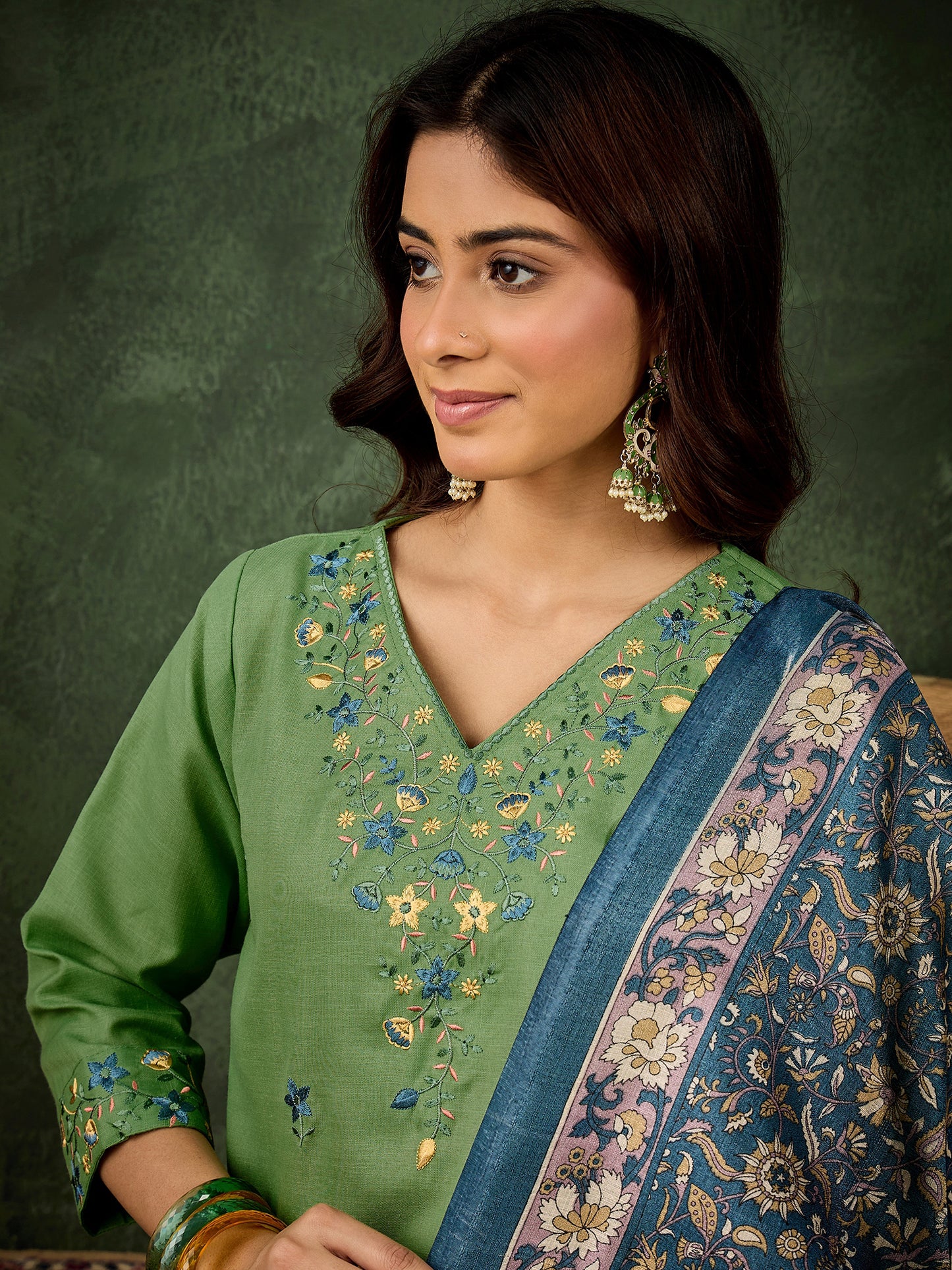Refreshing Pista Cotton Blend Suit | Designer Embroidery with Art Silk Dupatta| Unstitched Fabric