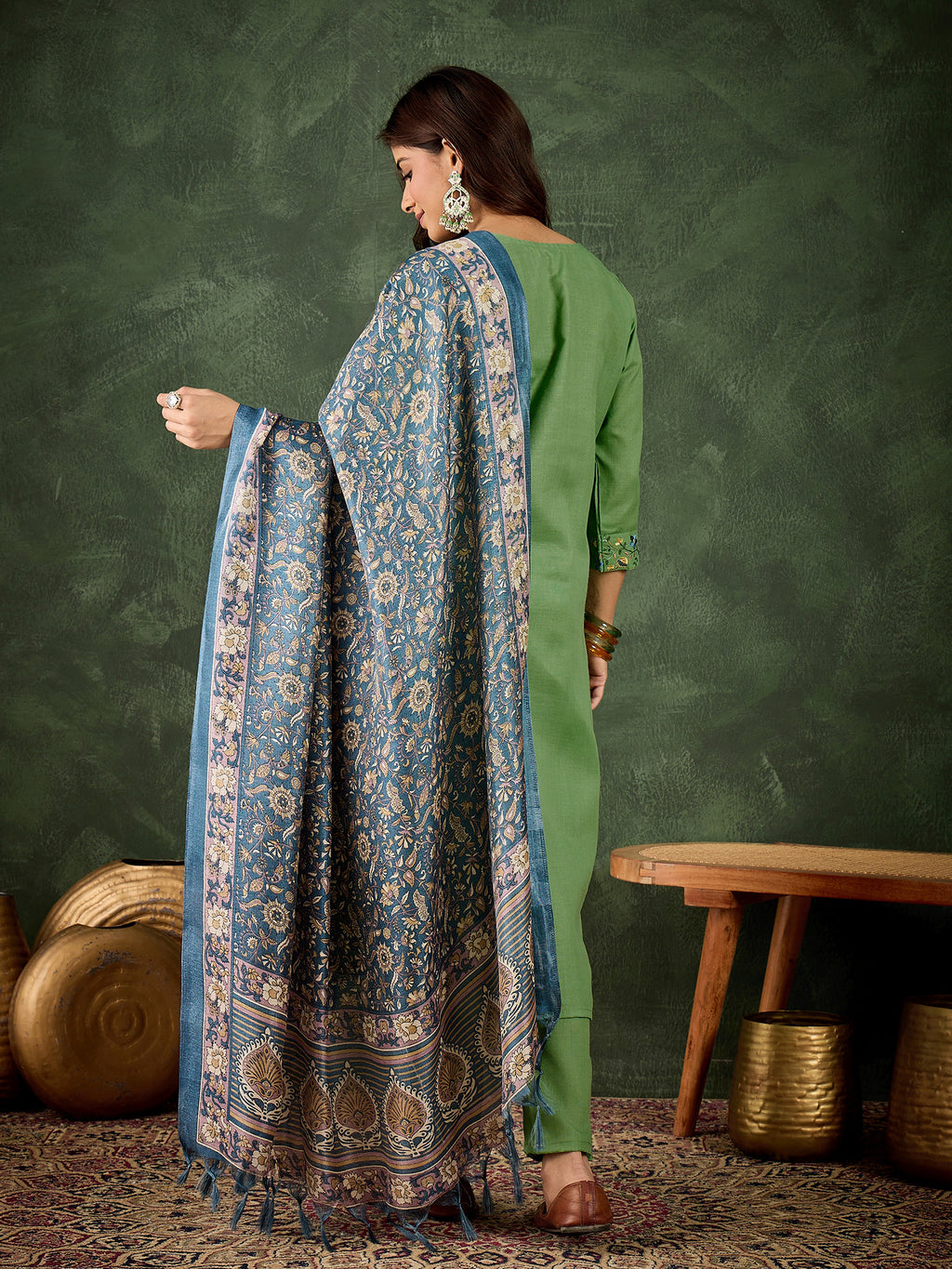 Refreshing Pista Cotton Blend Suit | Designer Embroidery with Art Silk Dupatta