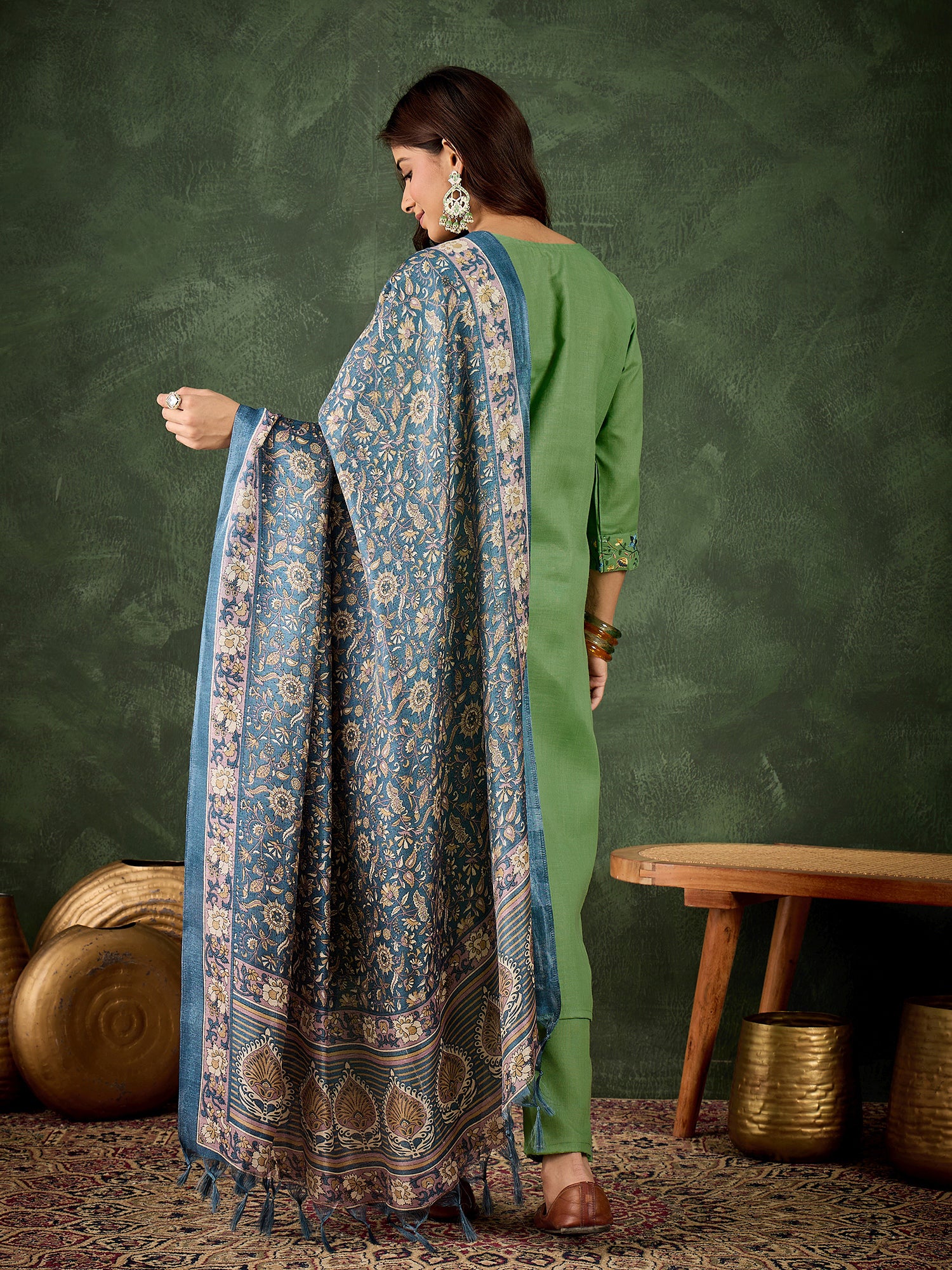 Refreshing Pista Cotton Blend Suit | Designer Embroidery with Art Silk Dupatta