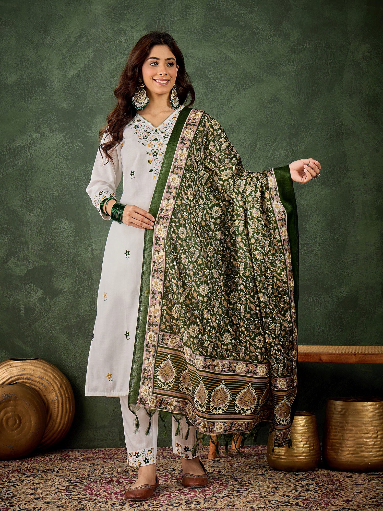 Refreshing Pista Cotton Blend Suit | Designer Embroidery with Art Silk Dupatta