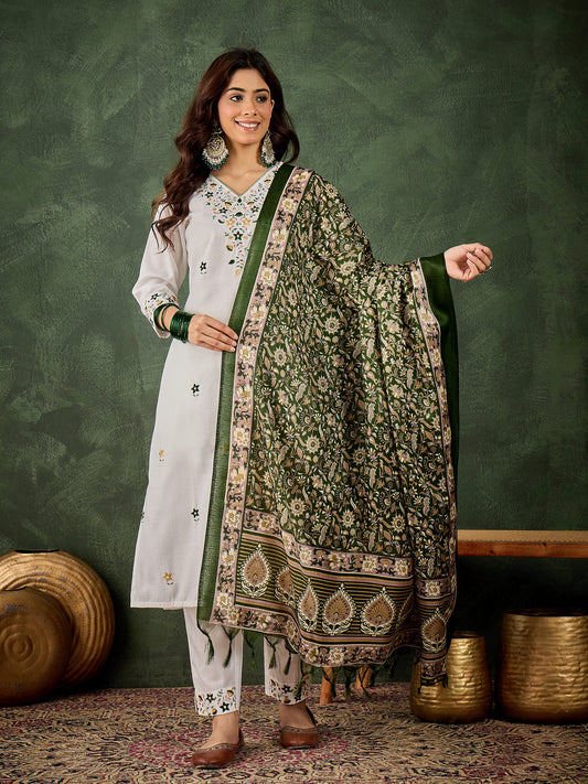 Refreshing Pista Cotton Blend Suit | Designer Embroidery with Art Silk Dupatta| Unstitched Fabric