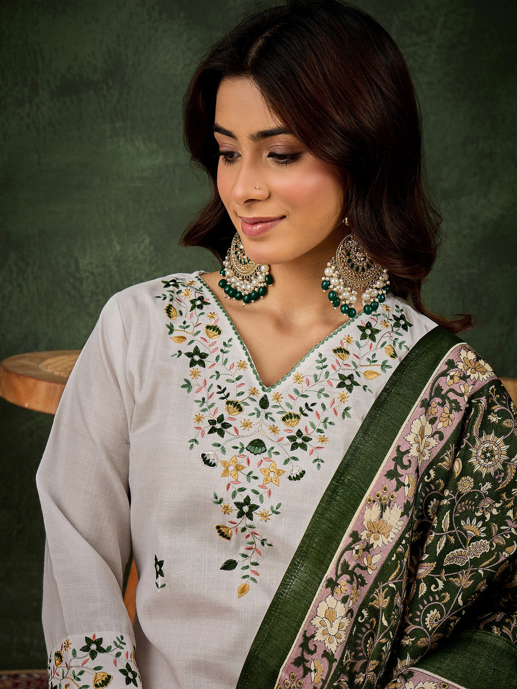 Pure White Cotton Blend Suit | Designer Embroidery with Art Silk Dupatta