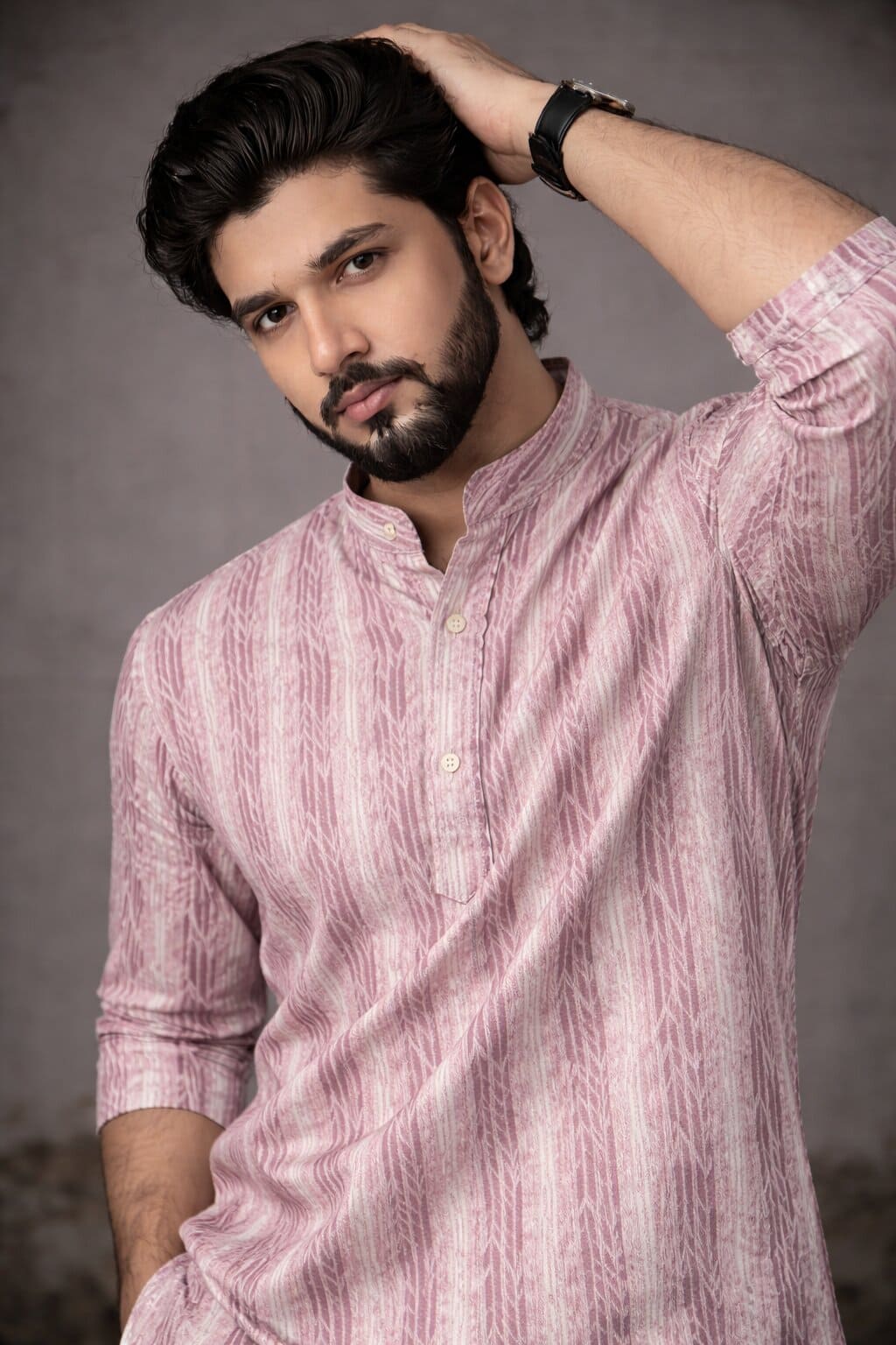 Blush Pink Linen Print Short Kurta | Festive Men's Ethnic Wear