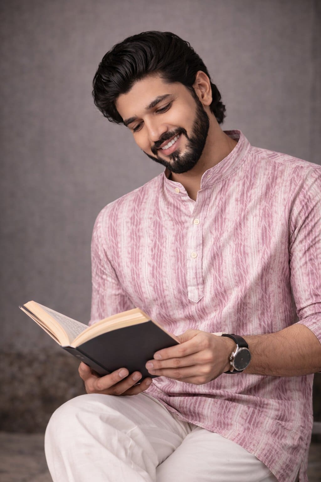Blush Pink Linen Print Short Kurta | Festive Men's Ethnic Wear