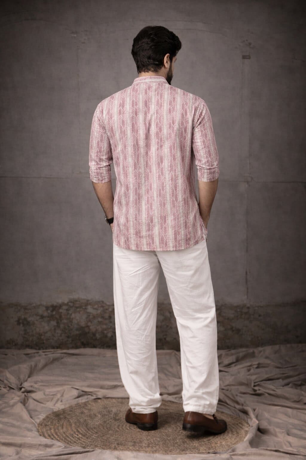 Blush Pink Linen Print Short Kurta | Festive Men's Ethnic Wear