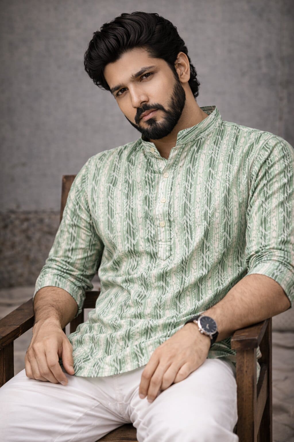 Refreshing Green Viscose Print Short Kurta | Men's Festive Ethnic Attire