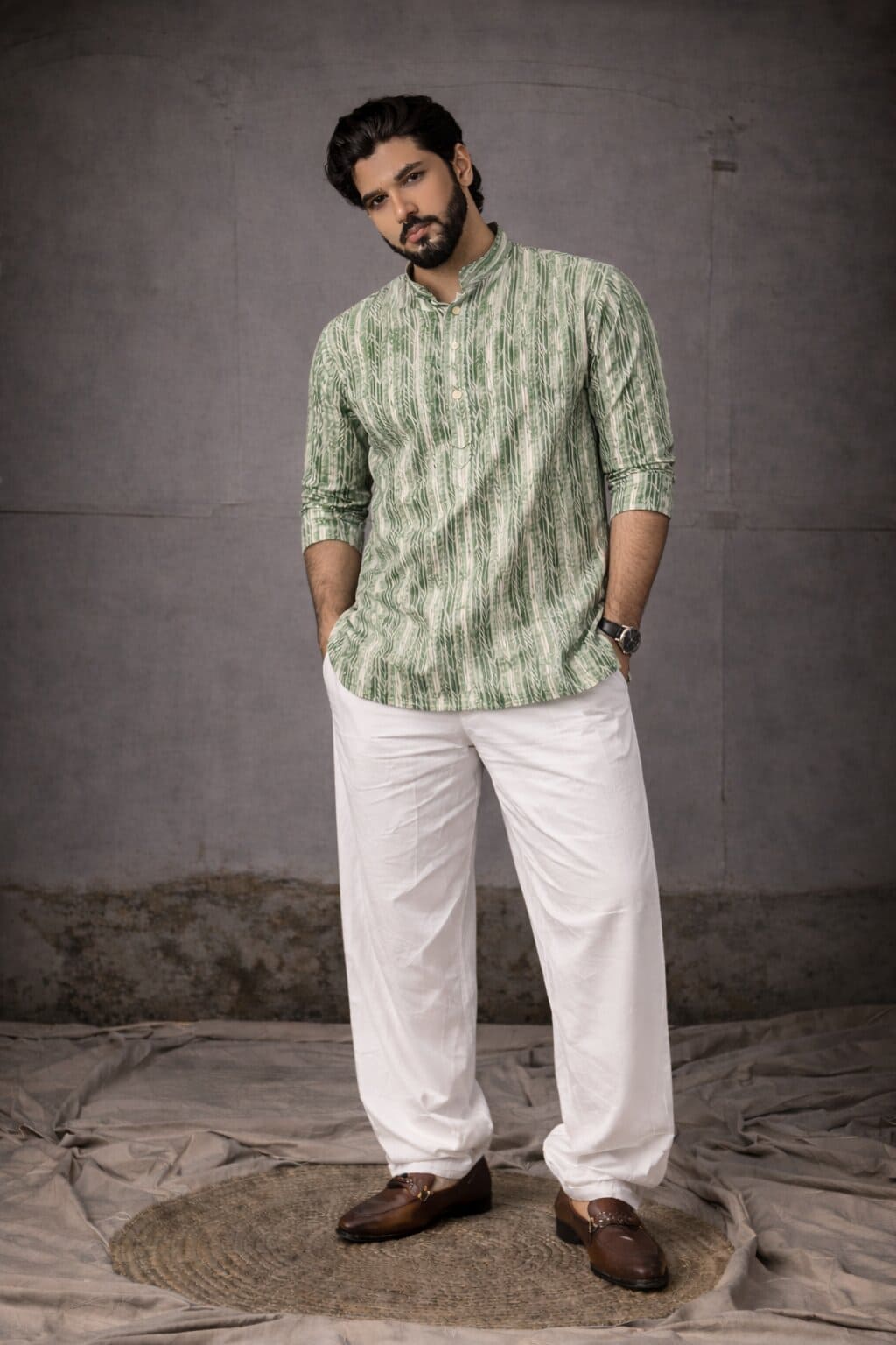 Refreshing Green Viscose Print Short Kurta | Men's Festive Ethnic Attire