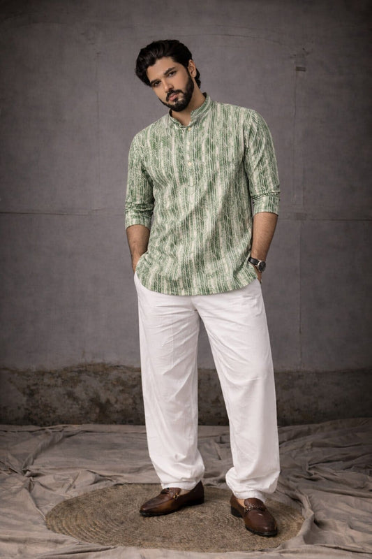 Refreshing Green Viscose Print Short Kurta | Men's Festive Ethnic Attire
