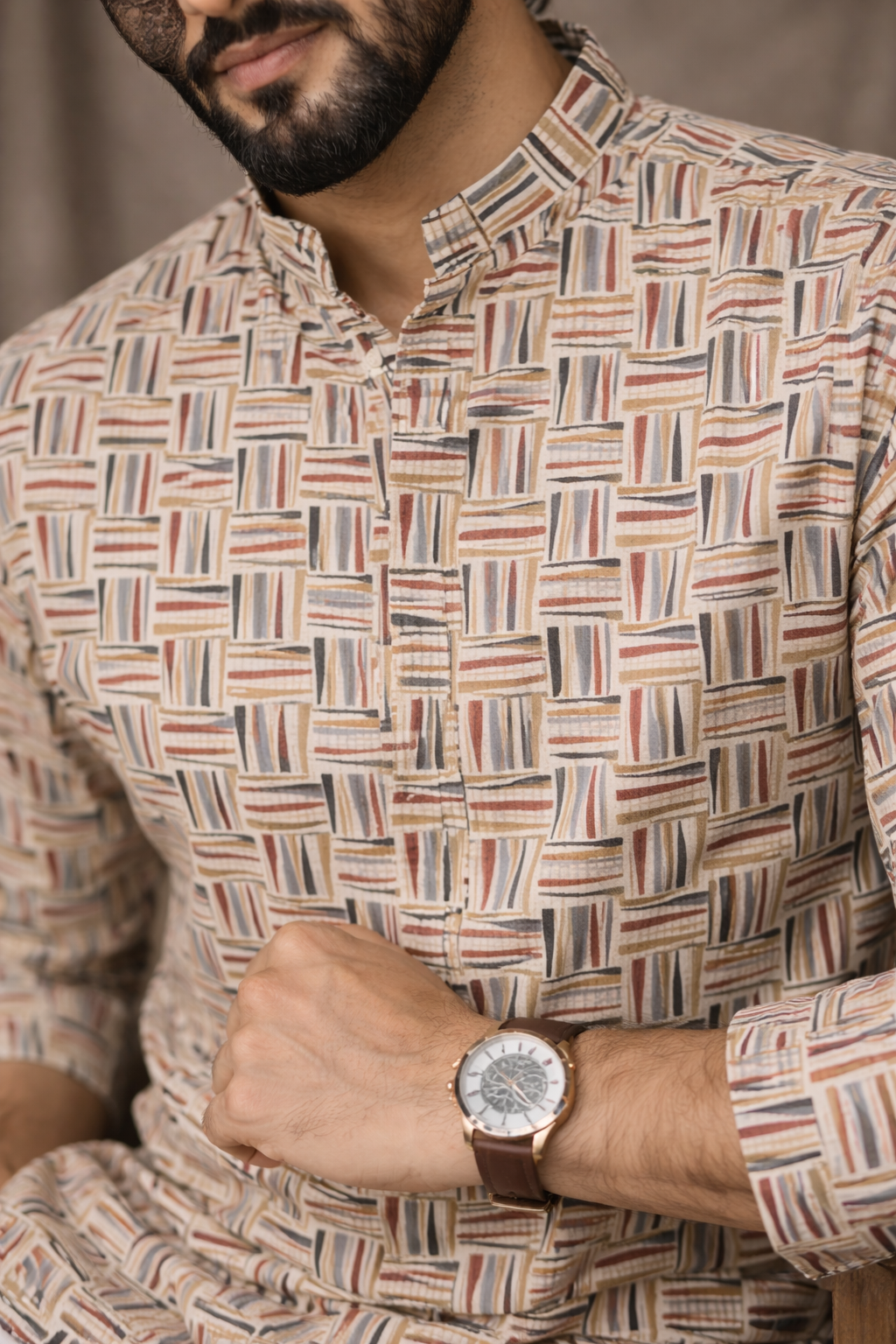 Classic White Viscose Print Short Kurta | Men's Elegant Ethnic Wear