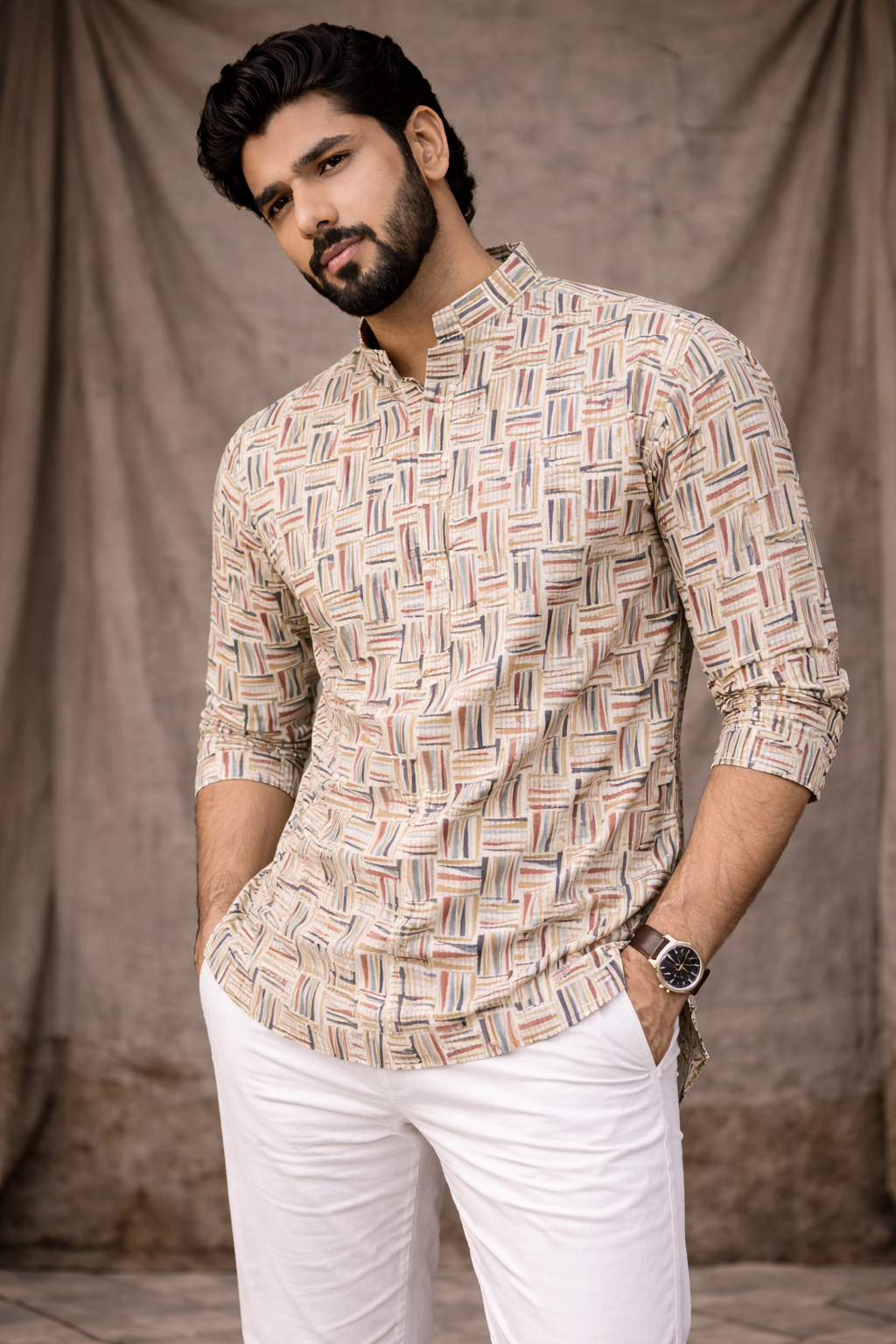 Classic White Viscose Print Short Kurta | Men's Elegant Ethnic Wear