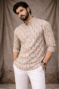 Classic White Viscose Print Short Kurta | Men's Elegant Ethnic Wear