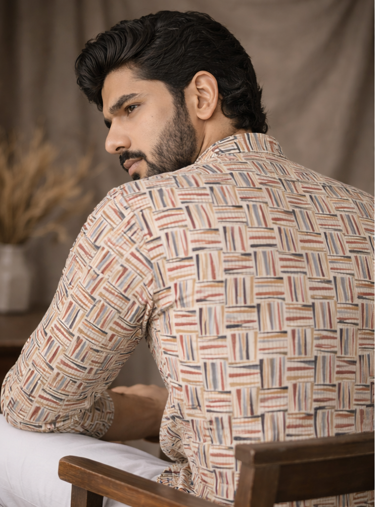 Classic White Viscose Print Short Kurta | Men's Elegant Ethnic Wear