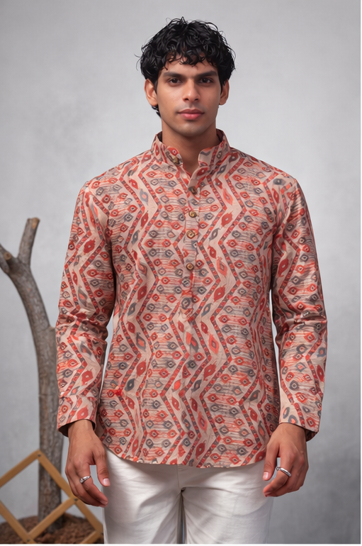 Vibrant Multi-Color Linen Print Short Kurta | Men's Festive Ethnic Attire