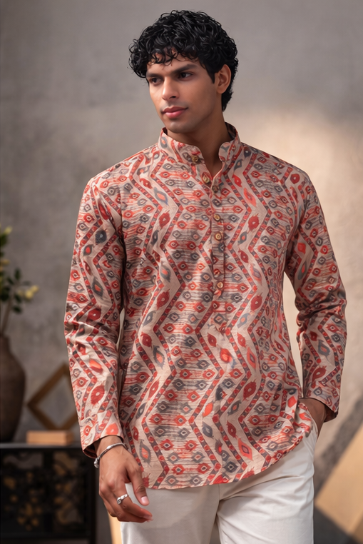 Vibrant Multi-Color Linen Print Short Kurta | Men's Festive Ethnic Attire