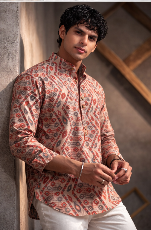 Vibrant Multi-Color Linen Print Short Kurta | Men's Festive Ethnic Attire