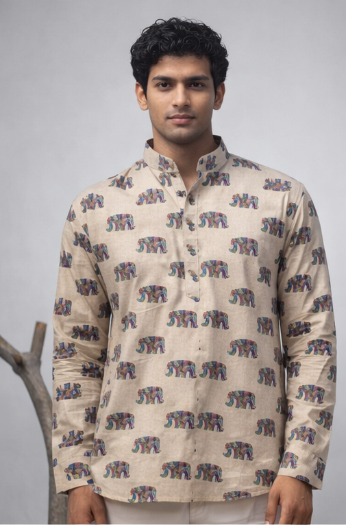Elegant White Linen Print Short Kurta | Men's Casual Festive Wear