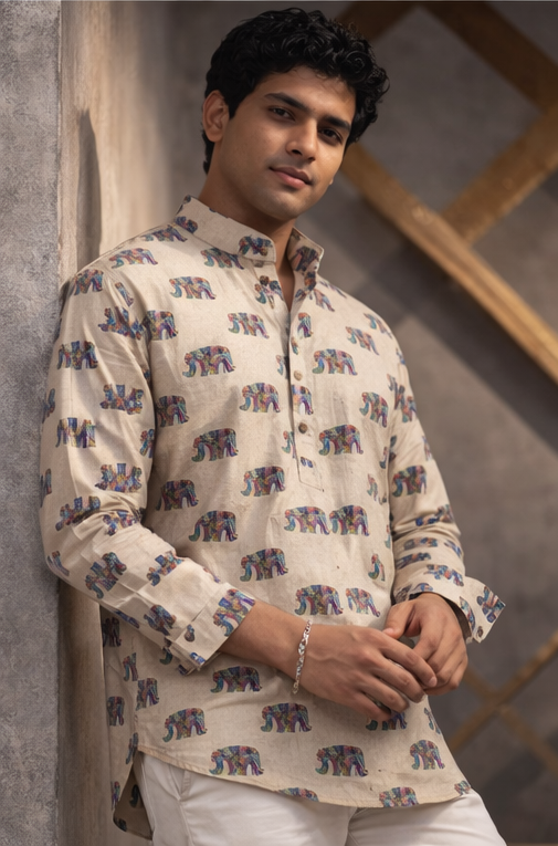 Elegant White Linen Print Short Kurta | Men's Casual Festive Wear
