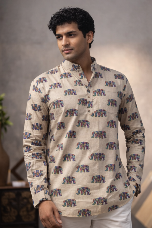 Elegant White Linen Print Short Kurta | Men's Casual Festive Wear