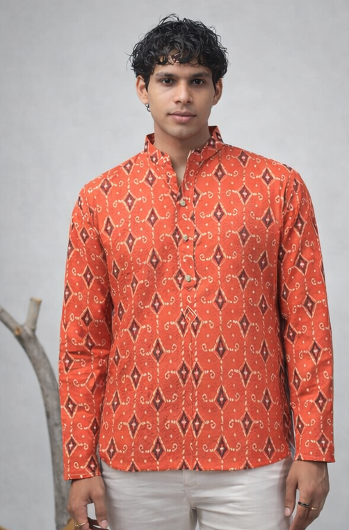 Vibrant Orange Linen Print Short Kurta | Men's Festive Ethnic Wear