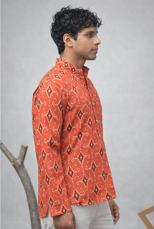 Vibrant Orange Linen Print Short Kurta | Men's Festive Ethnic Wear