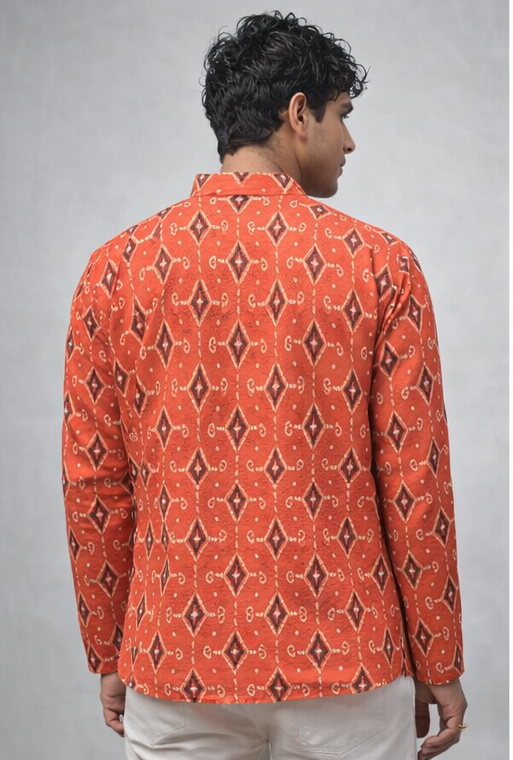 Vibrant Orange Linen Print Short Kurta | Men's Festive Ethnic Wear