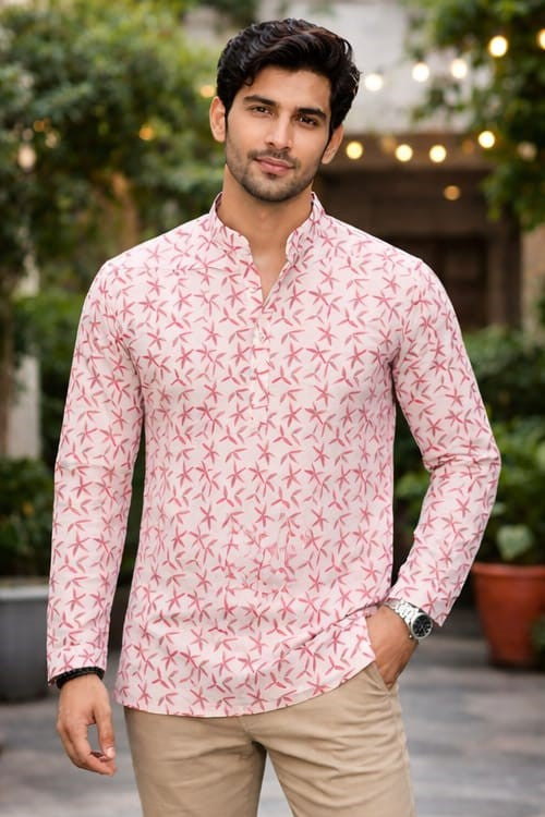 Sophisticated White Linen Print Short Kurta | Men's Premium Ethnic Wear