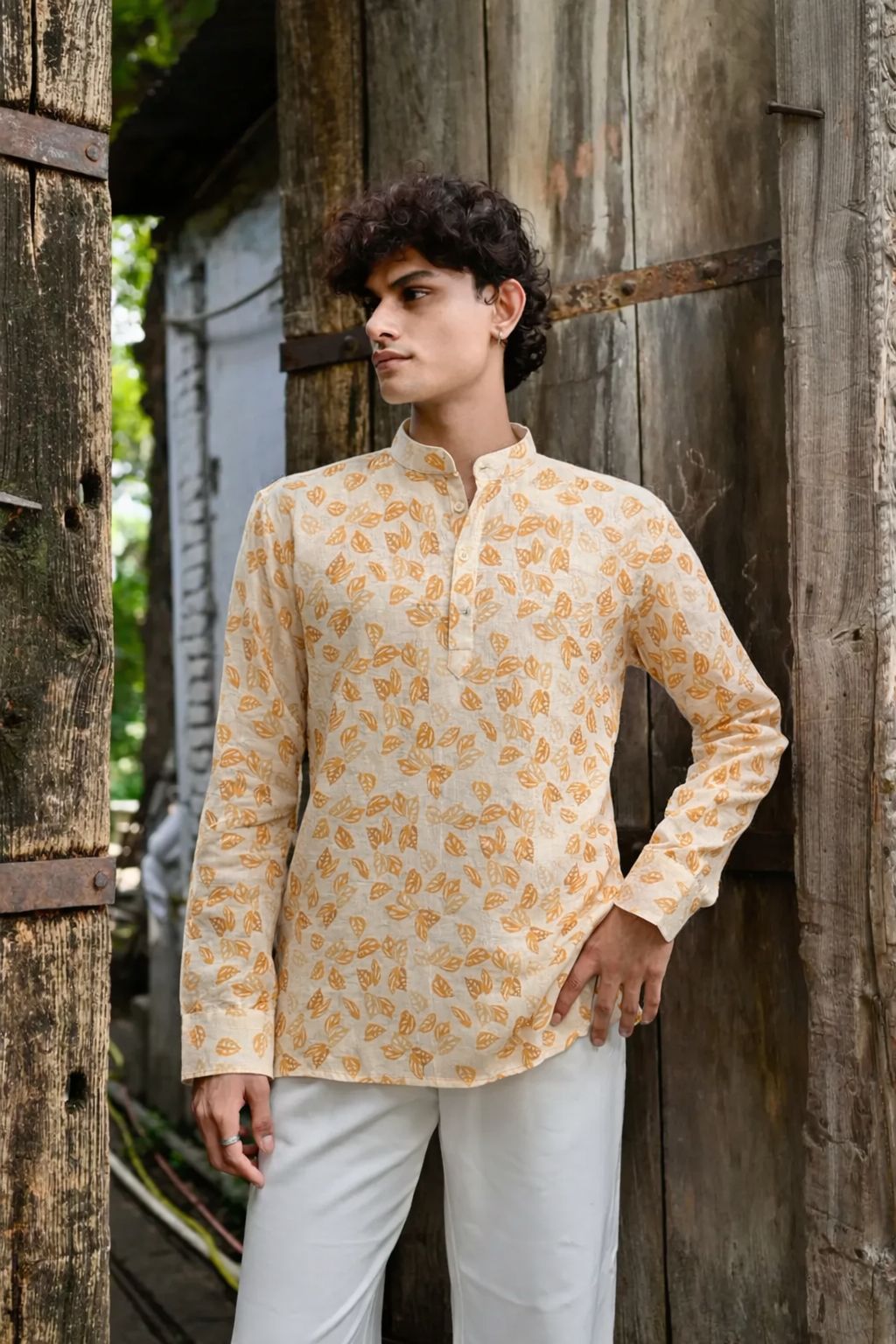 Sunny Yellow Linen Print Short Kurta | Men's Bright Festive Wear