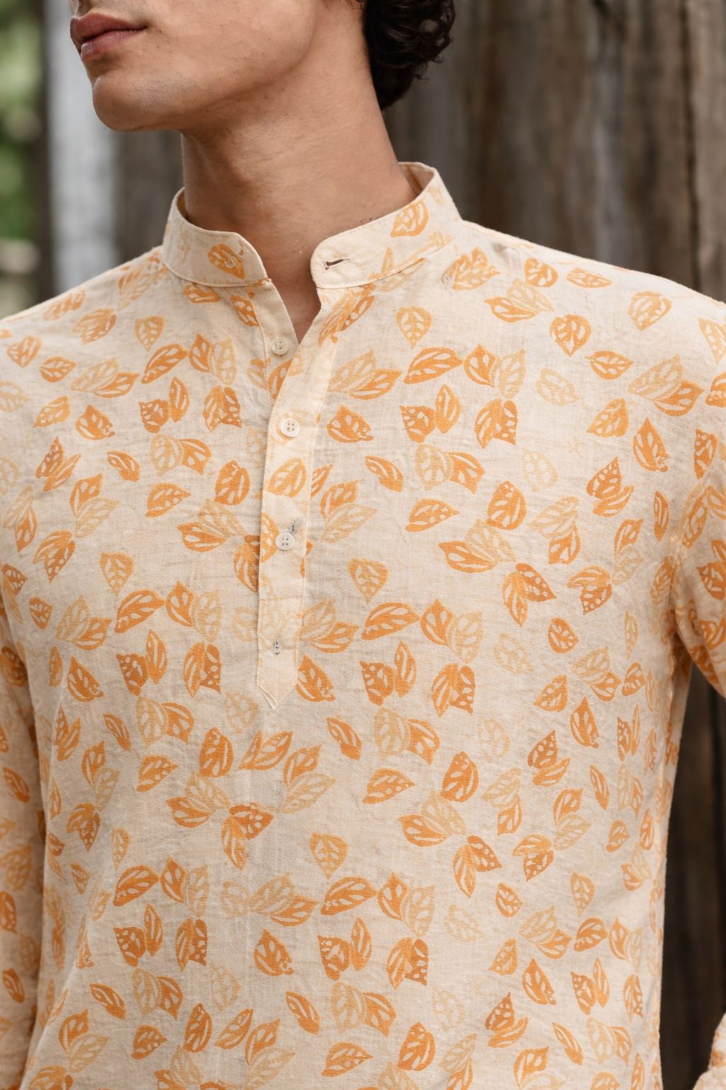 Sunny Yellow Linen Print Short Kurta | Men's Bright Festive Wear