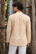 Sunny Yellow Linen Print Short Kurta | Men's Bright Festive Wear