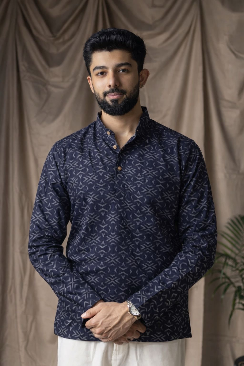 Classic Black Linen Print Short Kurta | Men's Elegant Ethnic Wear
