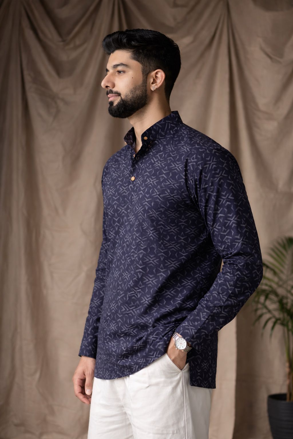Classic Black Linen Print Short Kurta | Men's Elegant Ethnic Wear