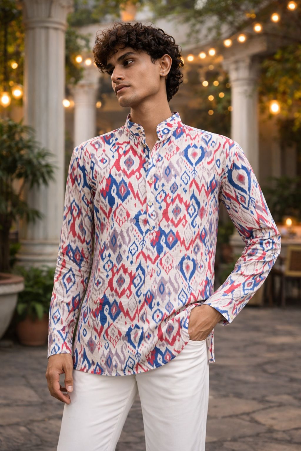 Vibrant Multicolor Linen Print Short Kurta | Men's Festive Ethnic Attire