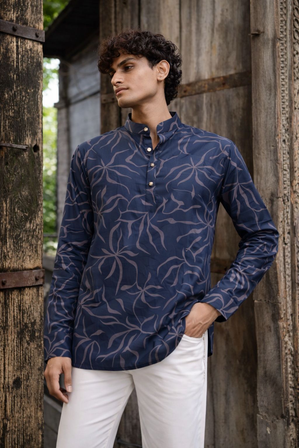 Regal Navy Blue Linen Print Short Kurta | Men's Elegant Festive Wear