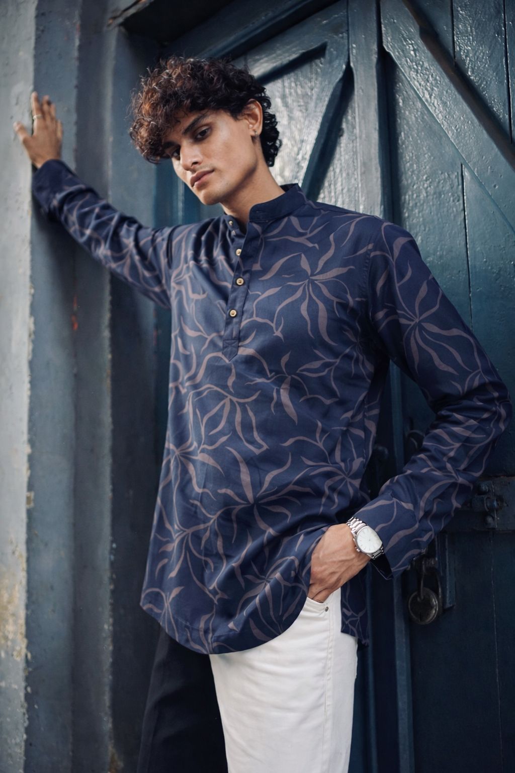 Regal Navy Blue Linen Print Short Kurta | Men's Elegant Festive Wear