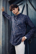 Regal Navy Blue Linen Print Short Kurta | Men's Elegant Festive Wear