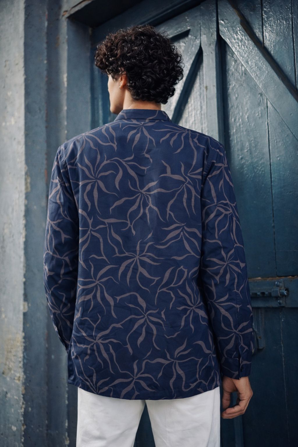 Regal Navy Blue Linen Print Short Kurta | Men's Elegant Festive Wear