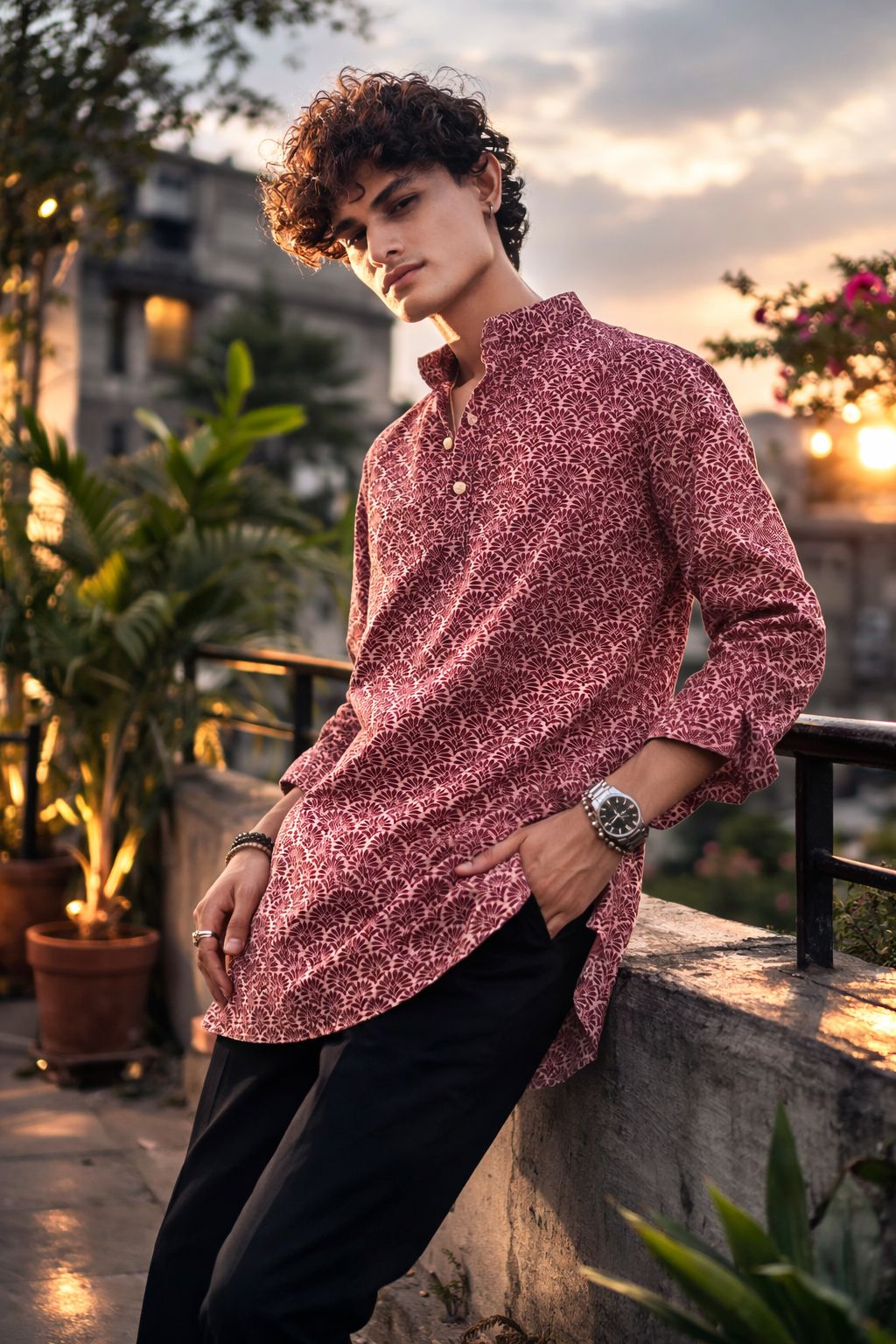Rich Maroon Linen Print Short Kurta | Men's Festive Ethnic Attire