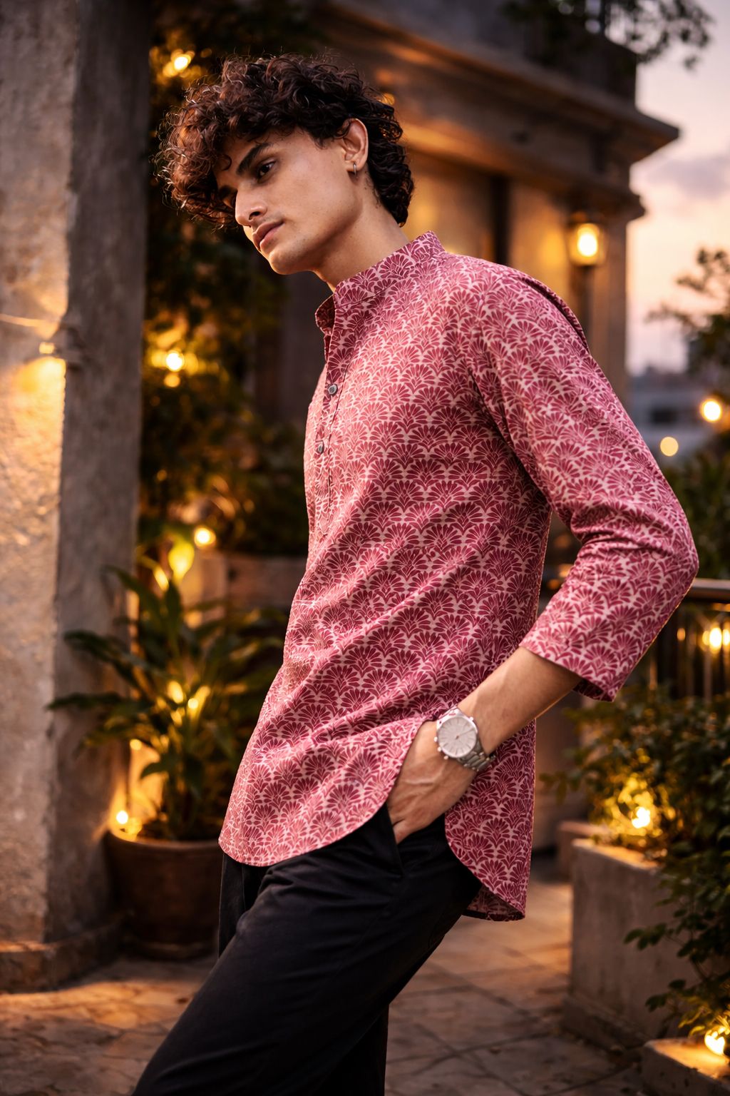 Rich Maroon Linen Print Short Kurta | Men's Festive Ethnic Attire